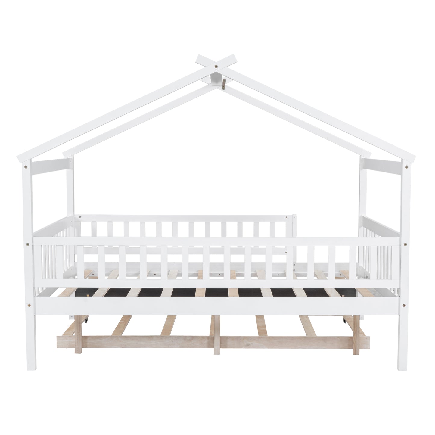 White wooden house bed frame with protective rails and slatted base