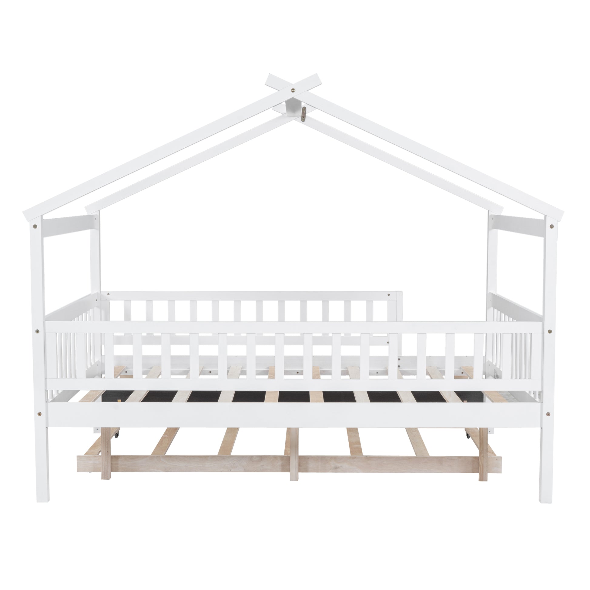 White wooden house bed frame with protective rails and slatted base