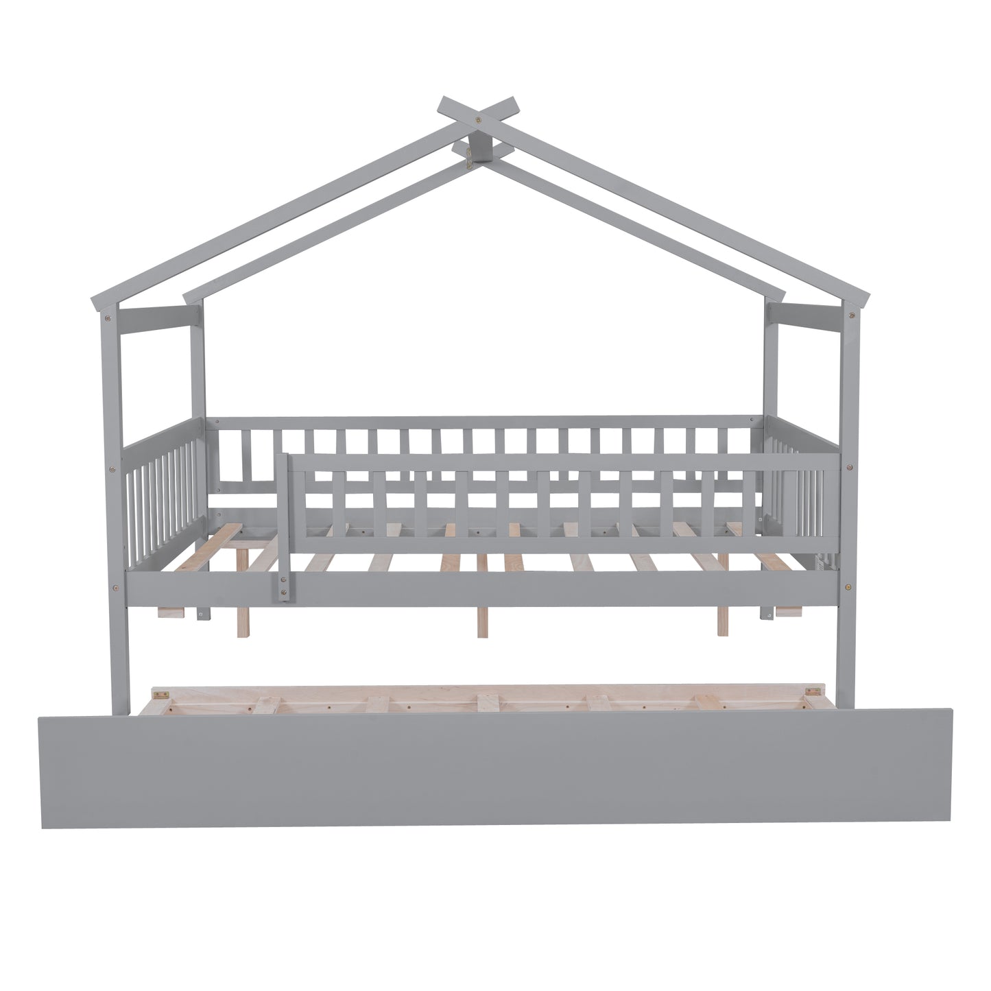 Grey wooden house bed frame with pullout trundle