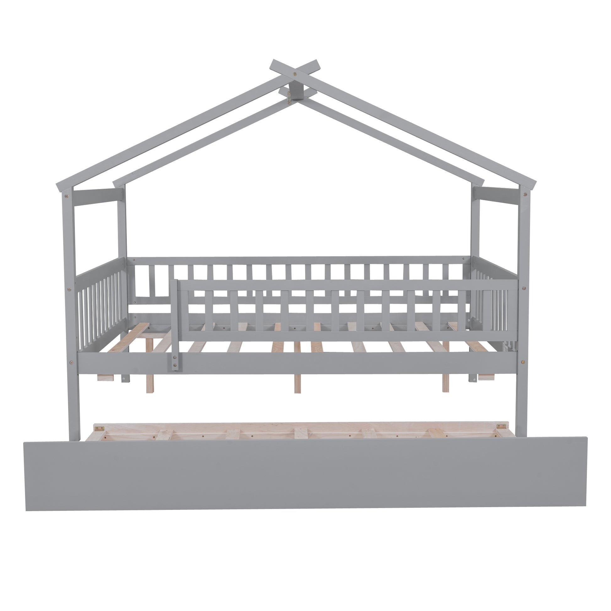 Grey wooden house bed frame with pullout trundle