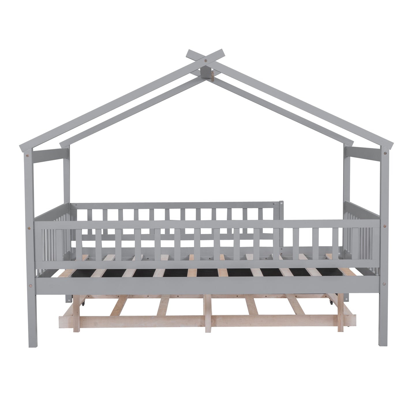 Gray wooden house bed frame with rails for toddler safety