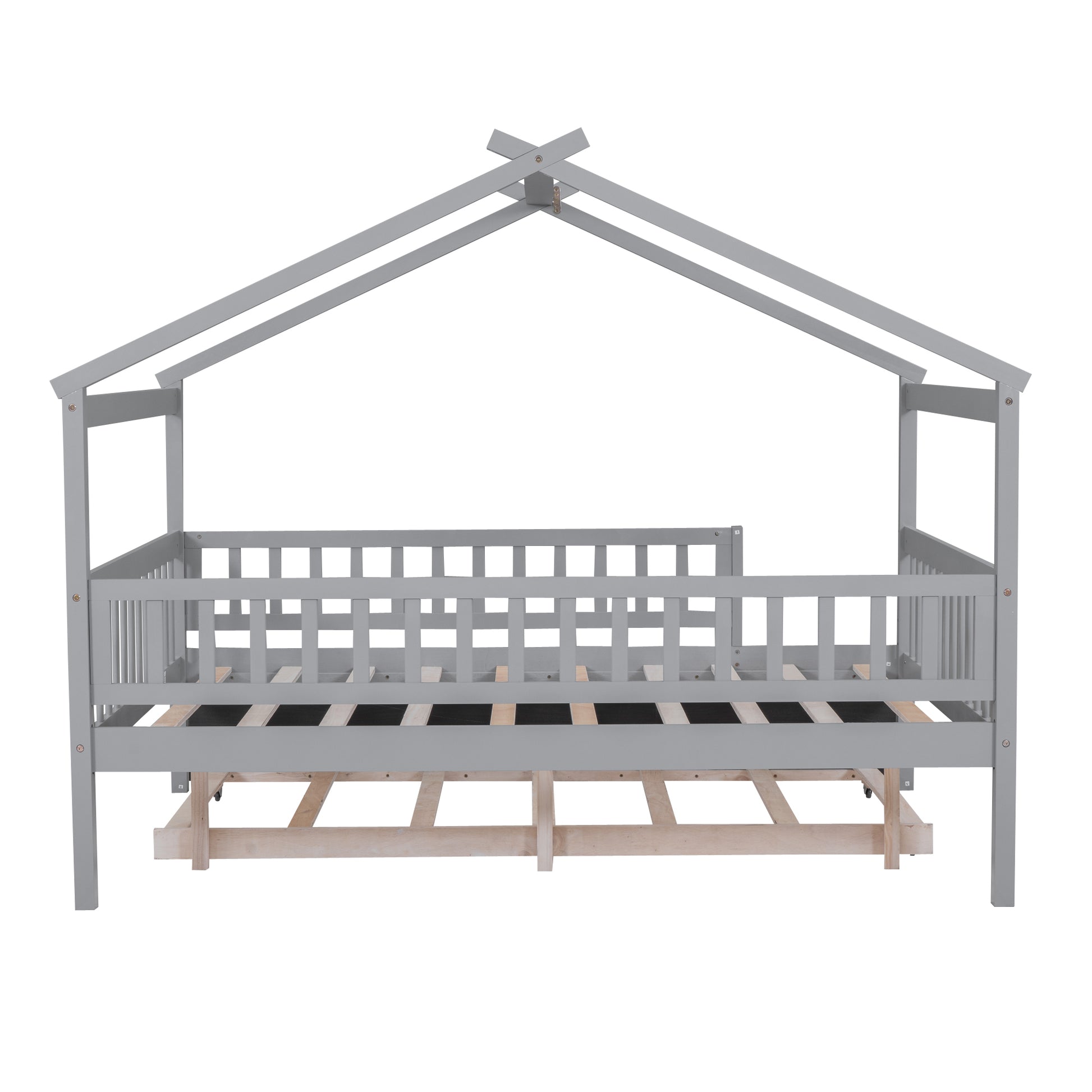 Gray wooden house bed frame with rails for toddler safety