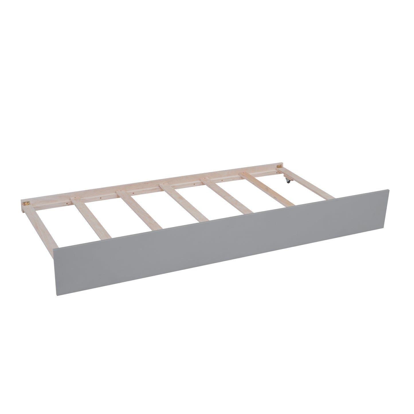 Gray wooden toddler bed guard rail with slatted support