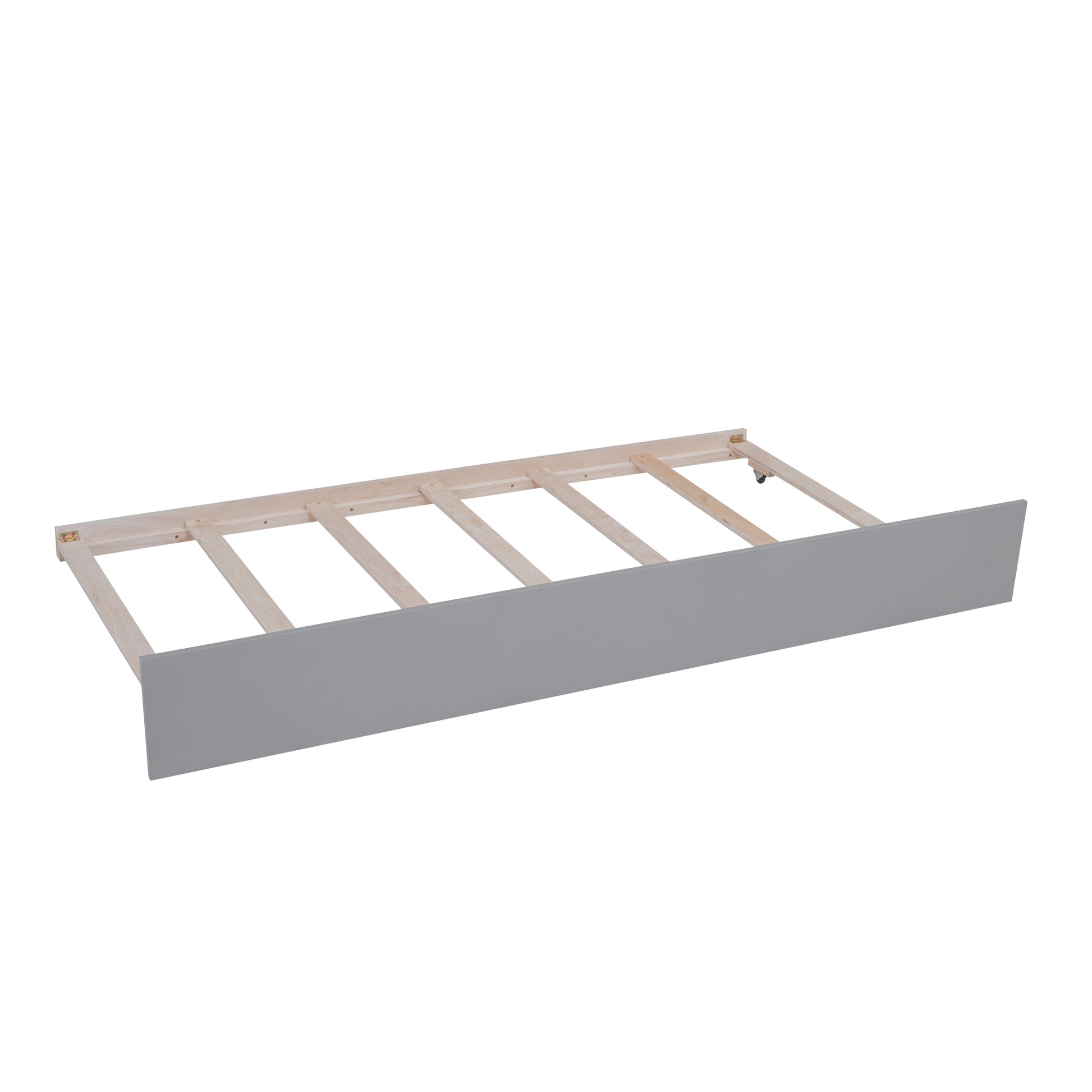 Gray wooden toddler bed guard rail with slatted support