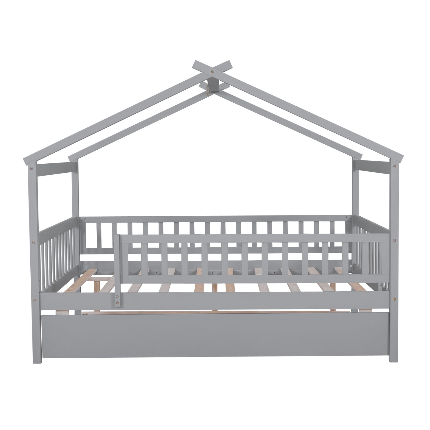 Gray wooden house bed frame with rails