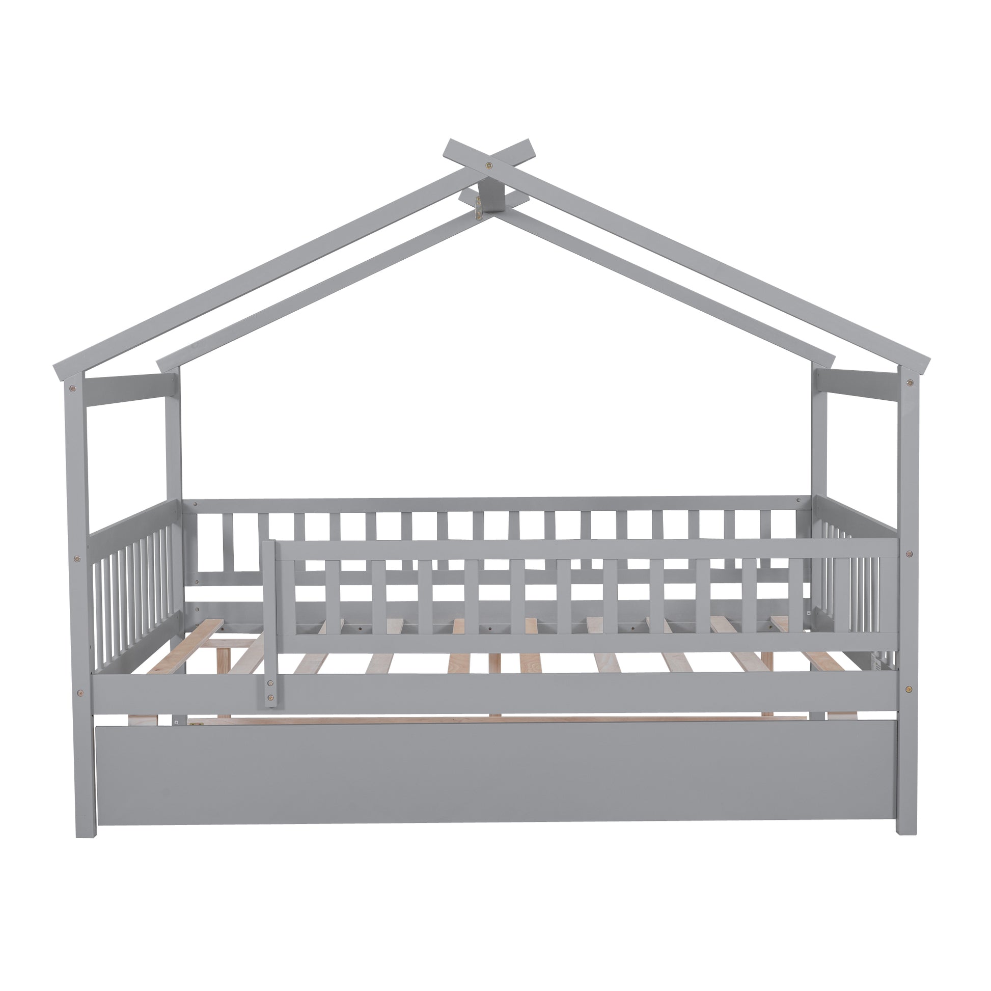 Gray wooden house bed frame with rails