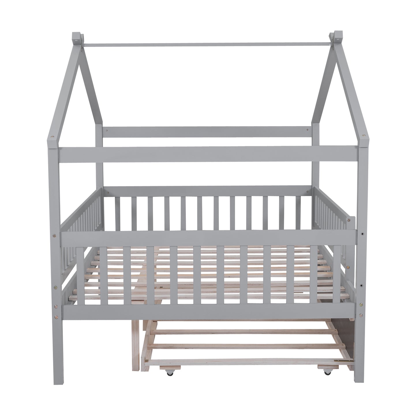 Gray wooden house bed frame with pullout trundle