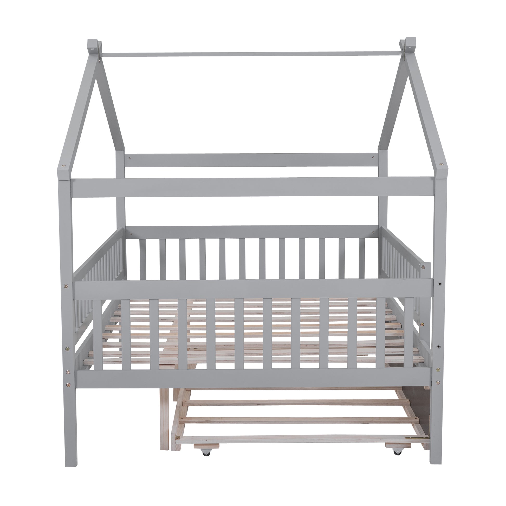 Gray wooden house bed frame with pullout trundle