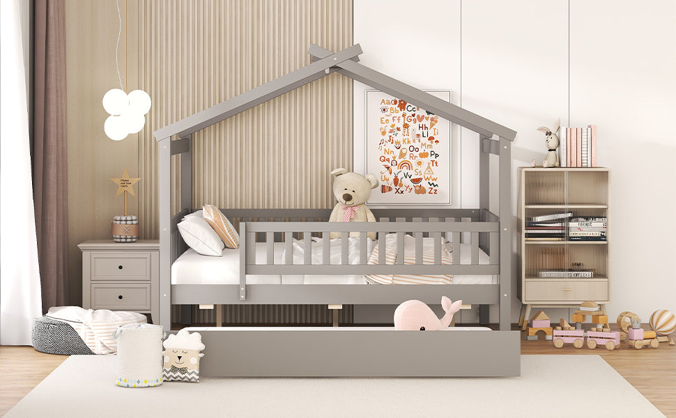 Gray wooden toddler bed with house frame and pullout drawer