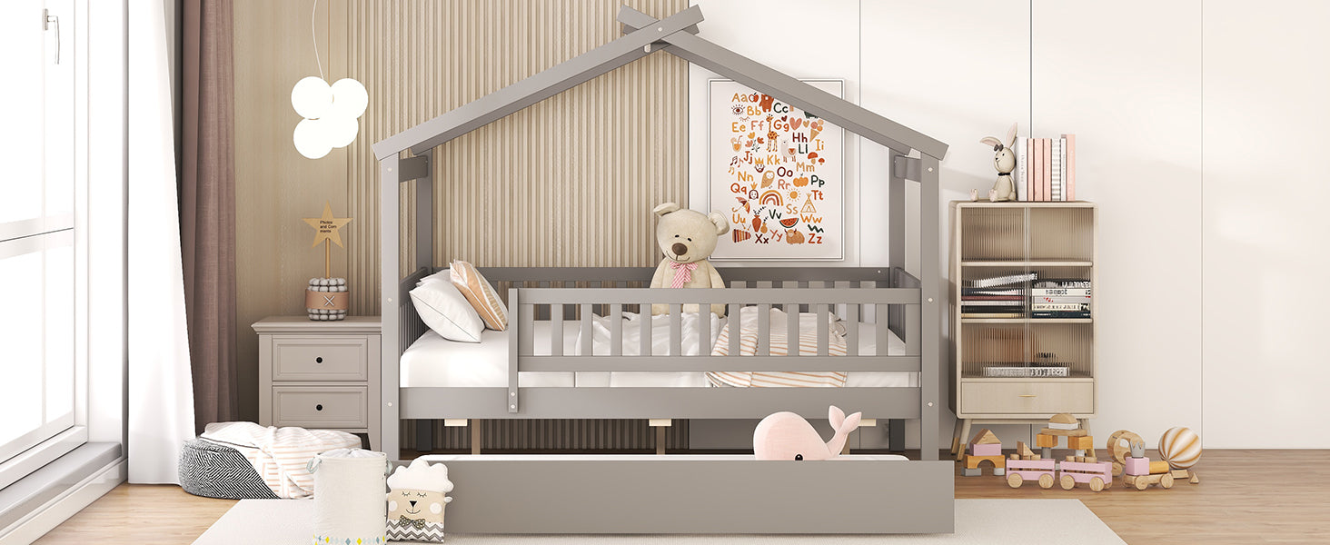 Gray wooden toddler bed with house frame