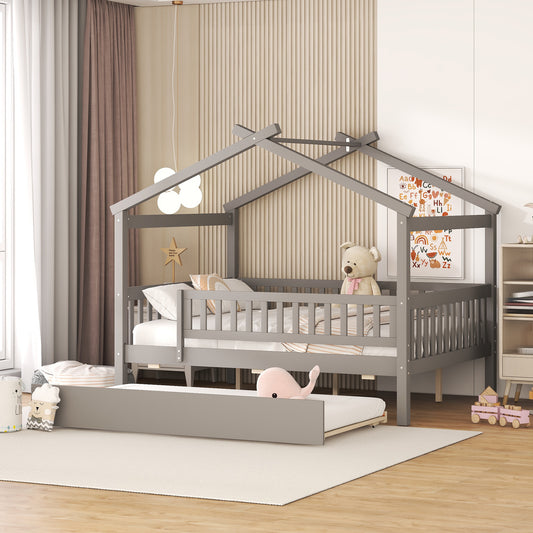 Gray wooden house bed frame with toddler rail and pullout trundle for children