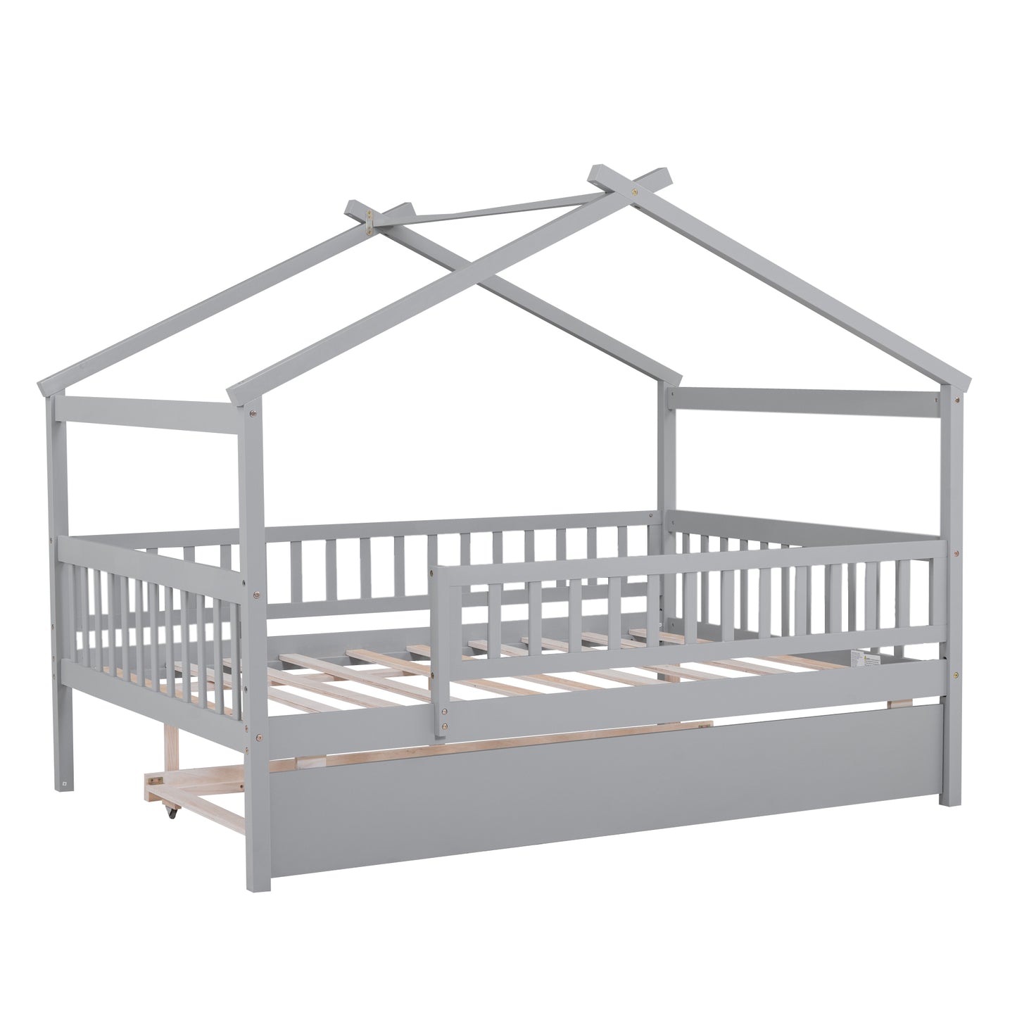 Gray wooden house bed frame with pullout trundle