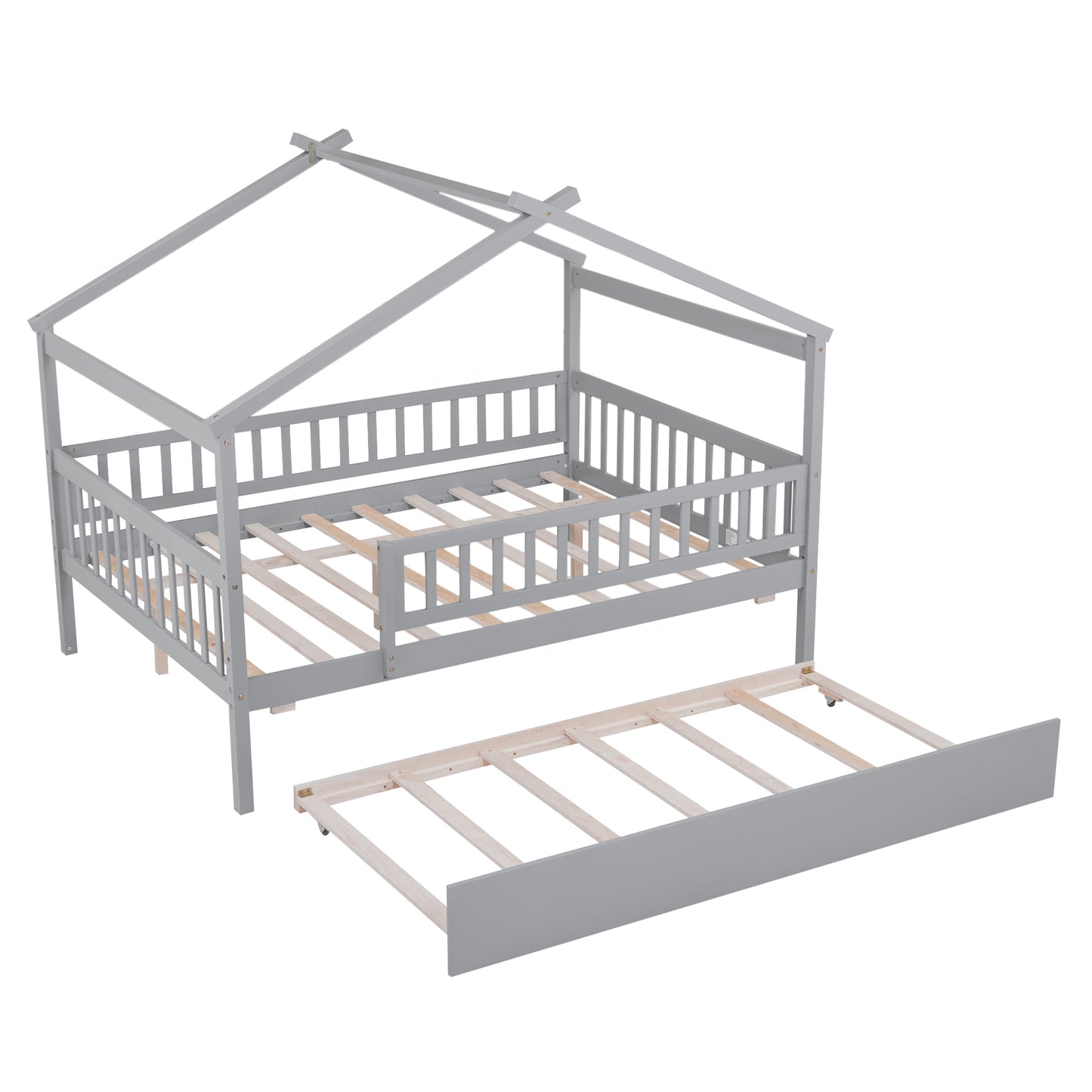 Gray wooden house bed frame with pullout trundle
