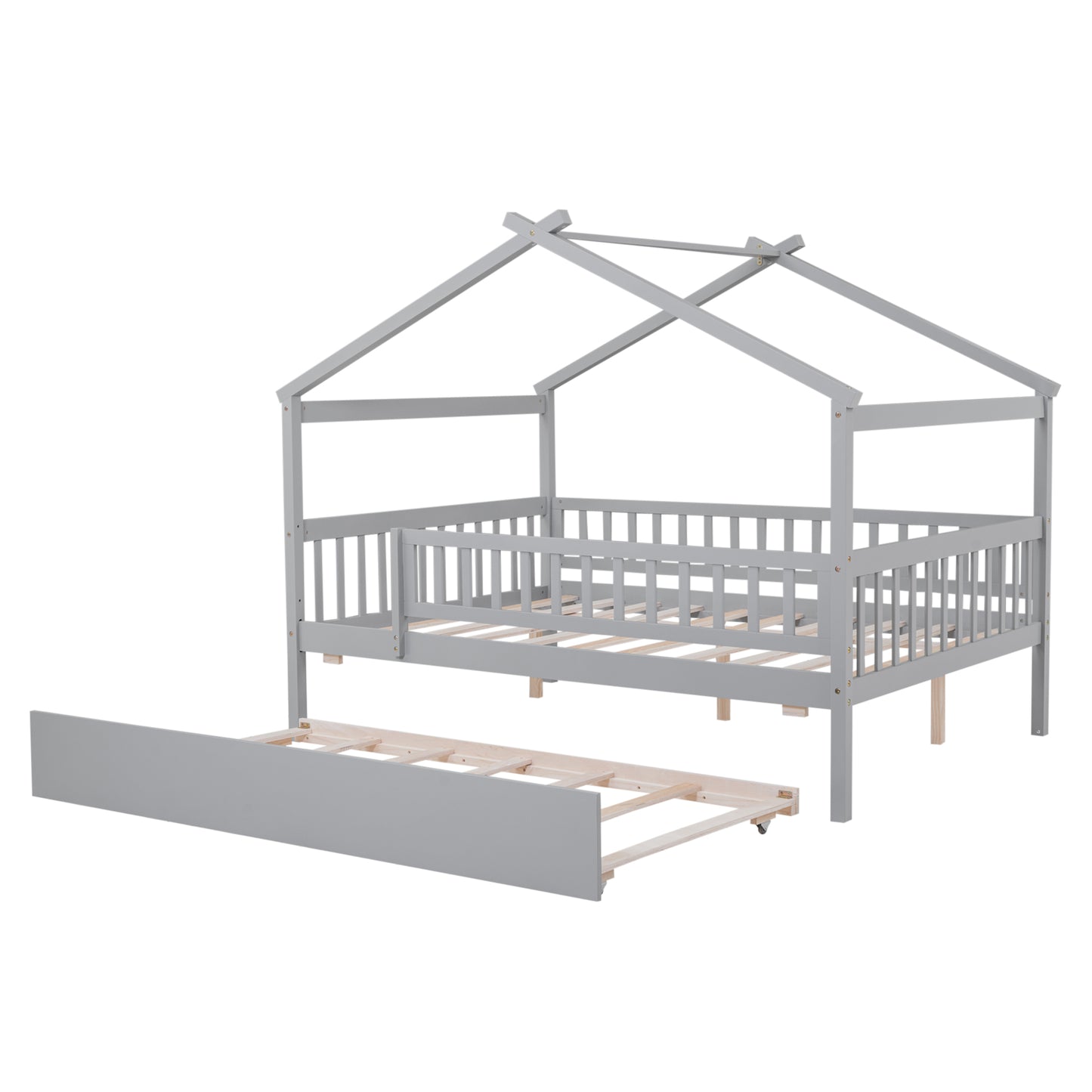 Gray wooden house bed frame with pullout trundle