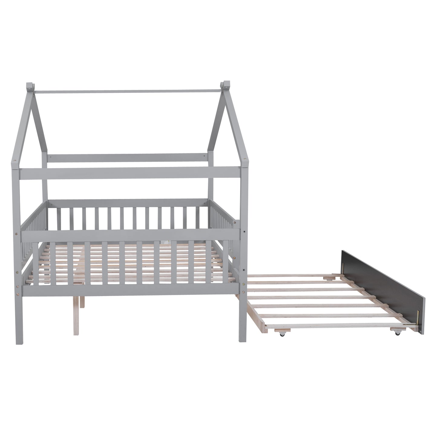 Gray wooden house bed frame with pullout trundle