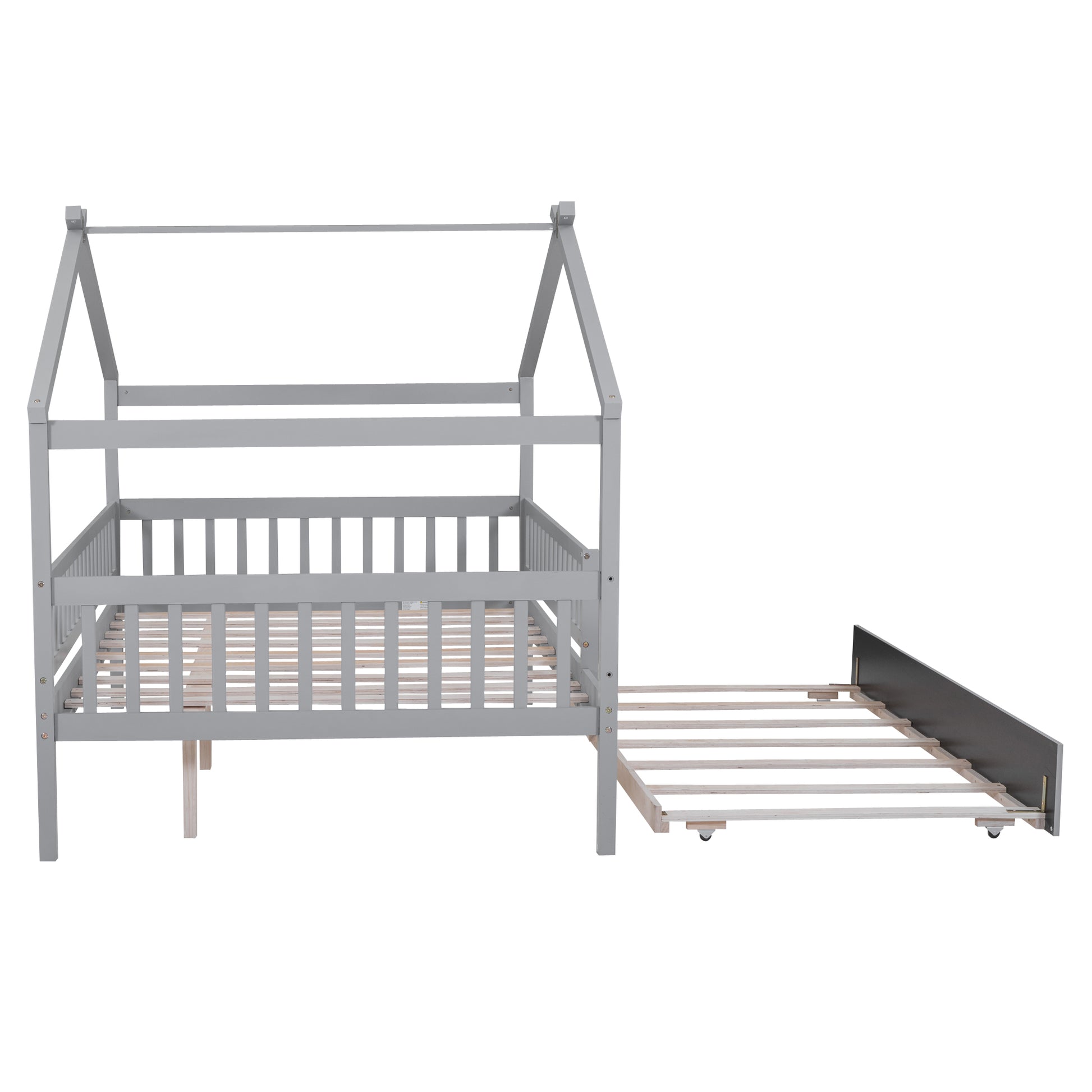 Gray wooden house bed frame with pullout trundle