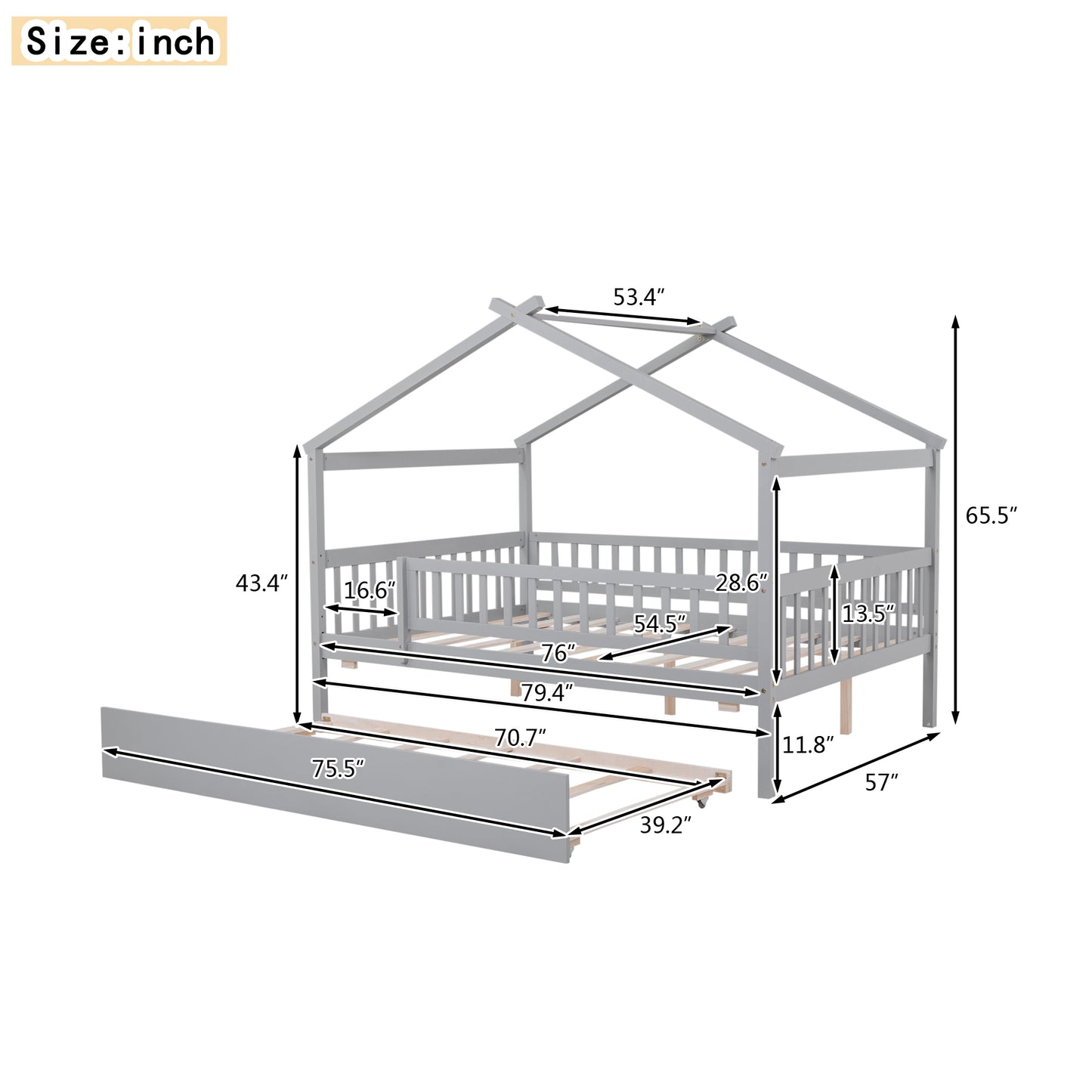 Grey wood twin house bed frame with dimensions