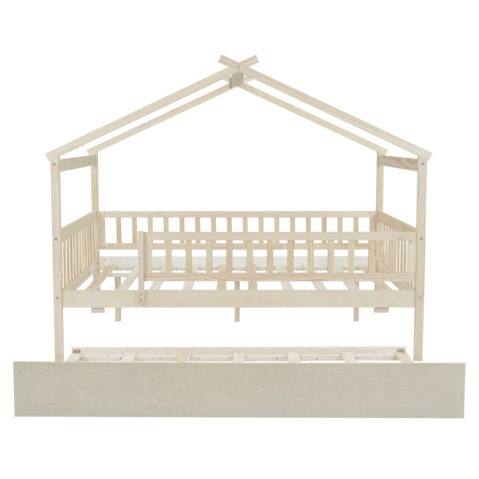Natural pine wood toddler bed frame with roof design