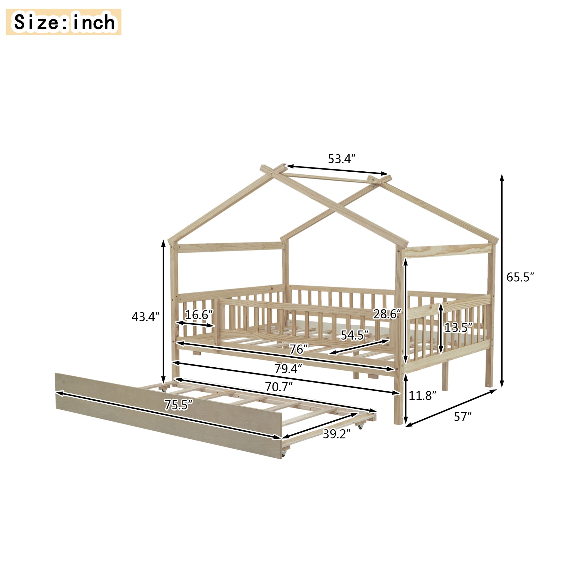 Natural wood twin house bed with trundle dimensions and details
