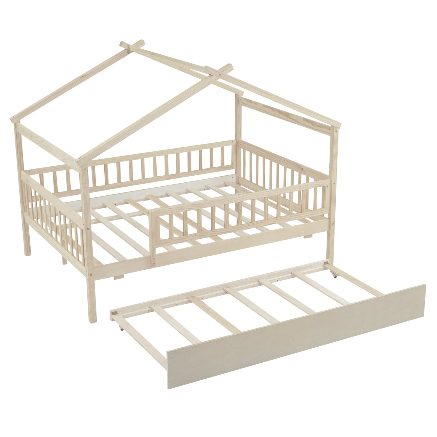 Natural wood house bed frame for kids with a pullout trundle bed for sleepovers
