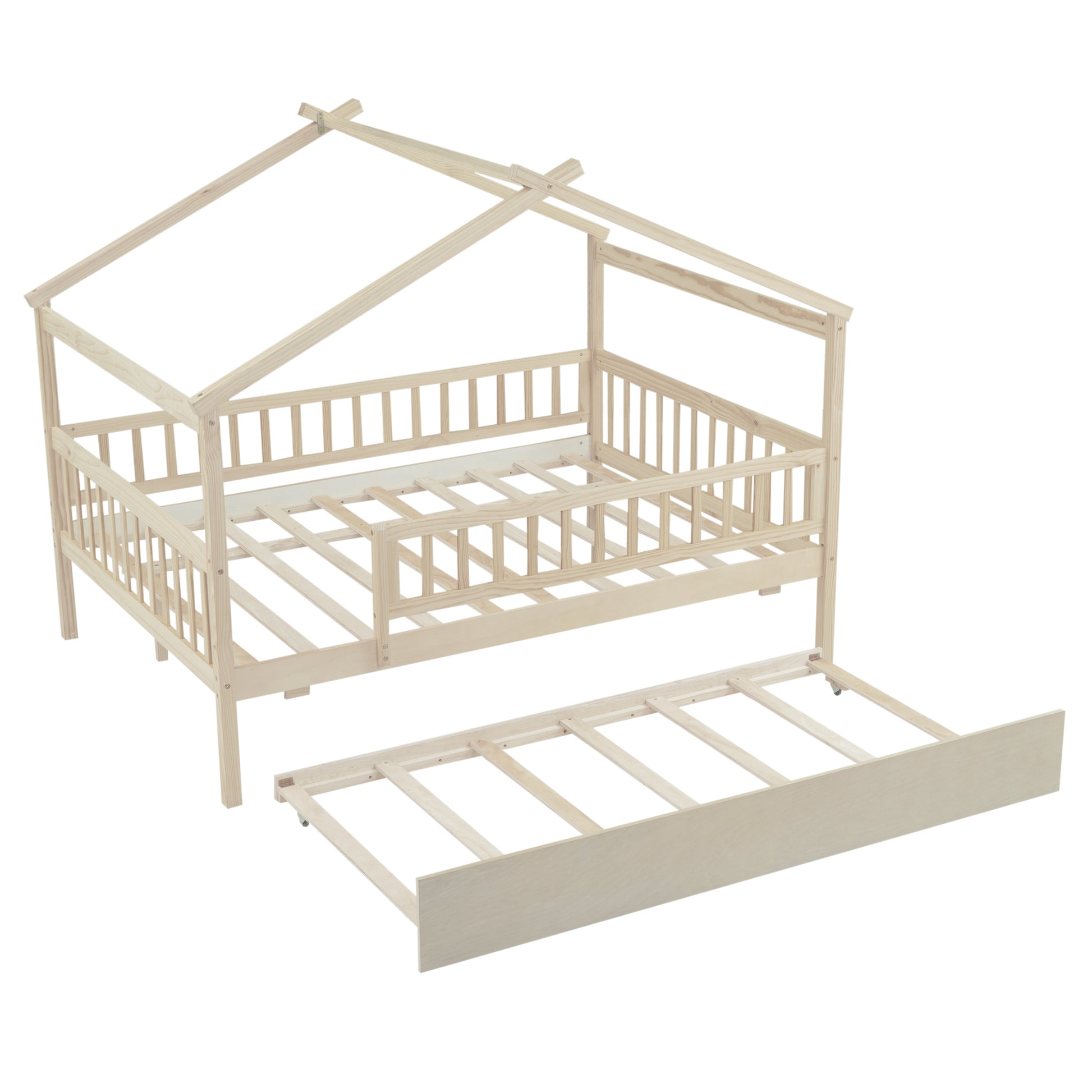 Natural wood house bed frame for kids with a pullout trundle bed for sleepovers
