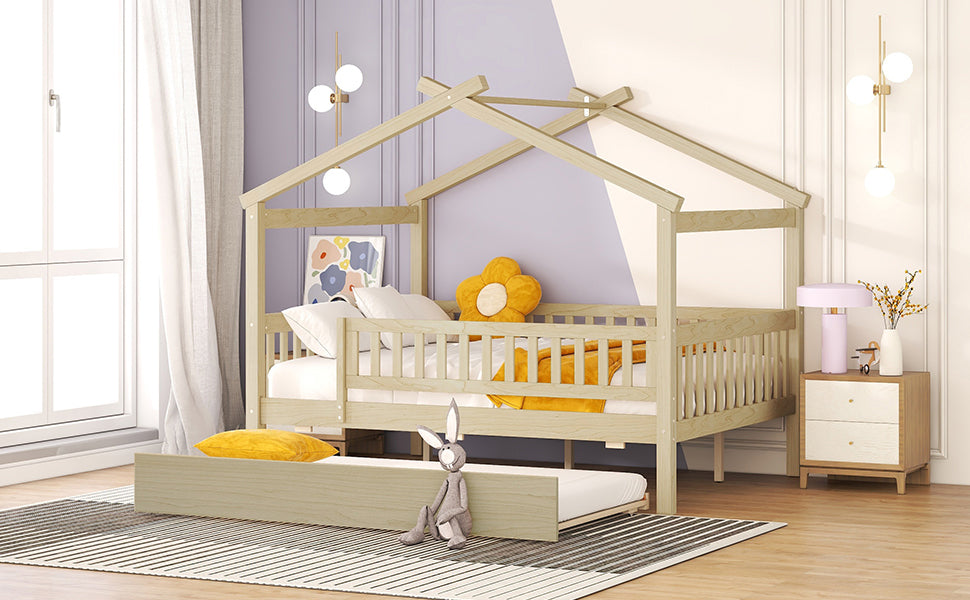 Wooden house bed frame with pullout trundle for kids