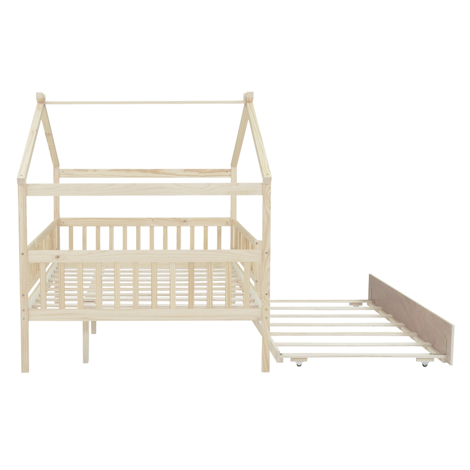 Natural wood house bed frame with attached toddler bed extension