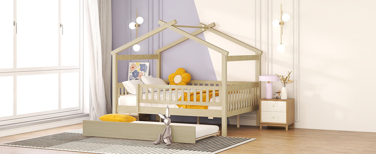 Natural wood house bed with pullout trundle for kids