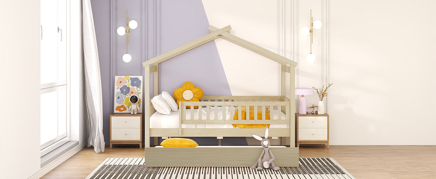 Natural wood house bed frame with white bedding and orange flower pillow