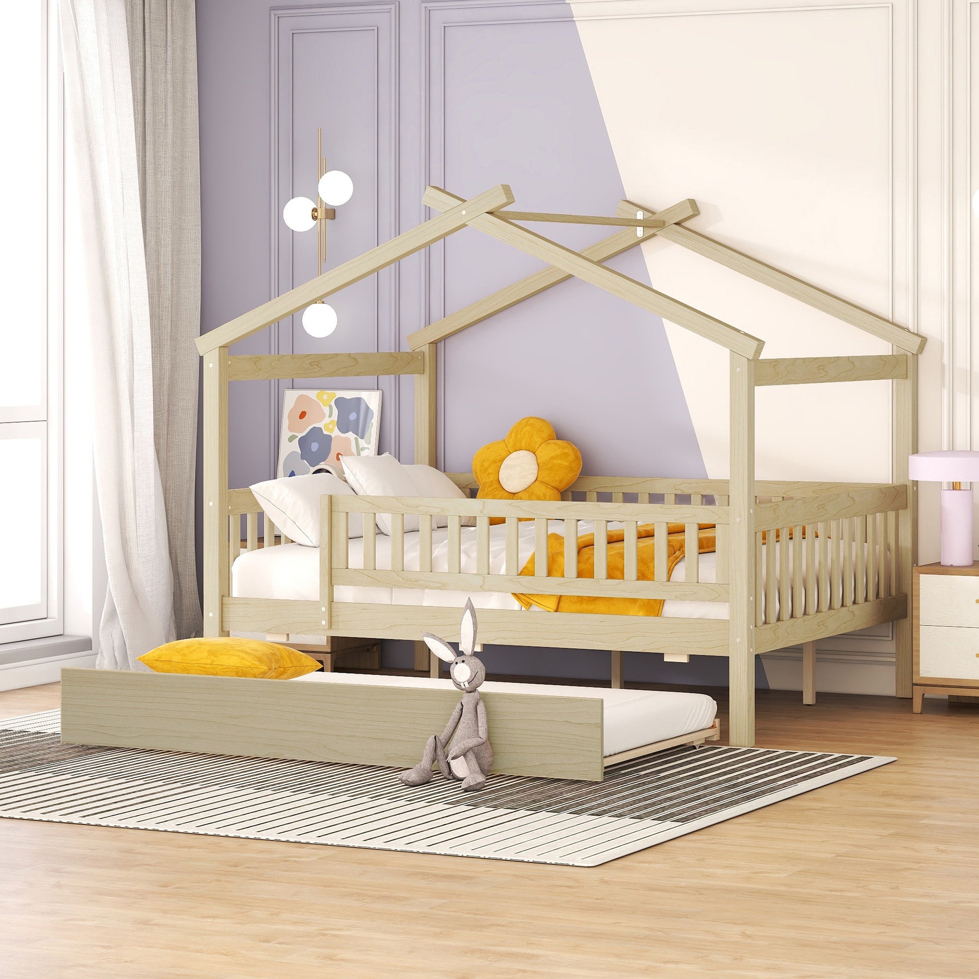 Natural wood toddler bed with house frame and pullout trundle
