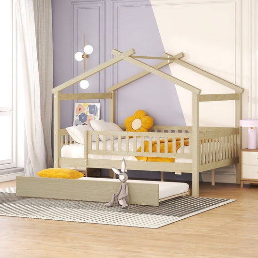 Natural wood toddler bed with house frame and pullout trundle