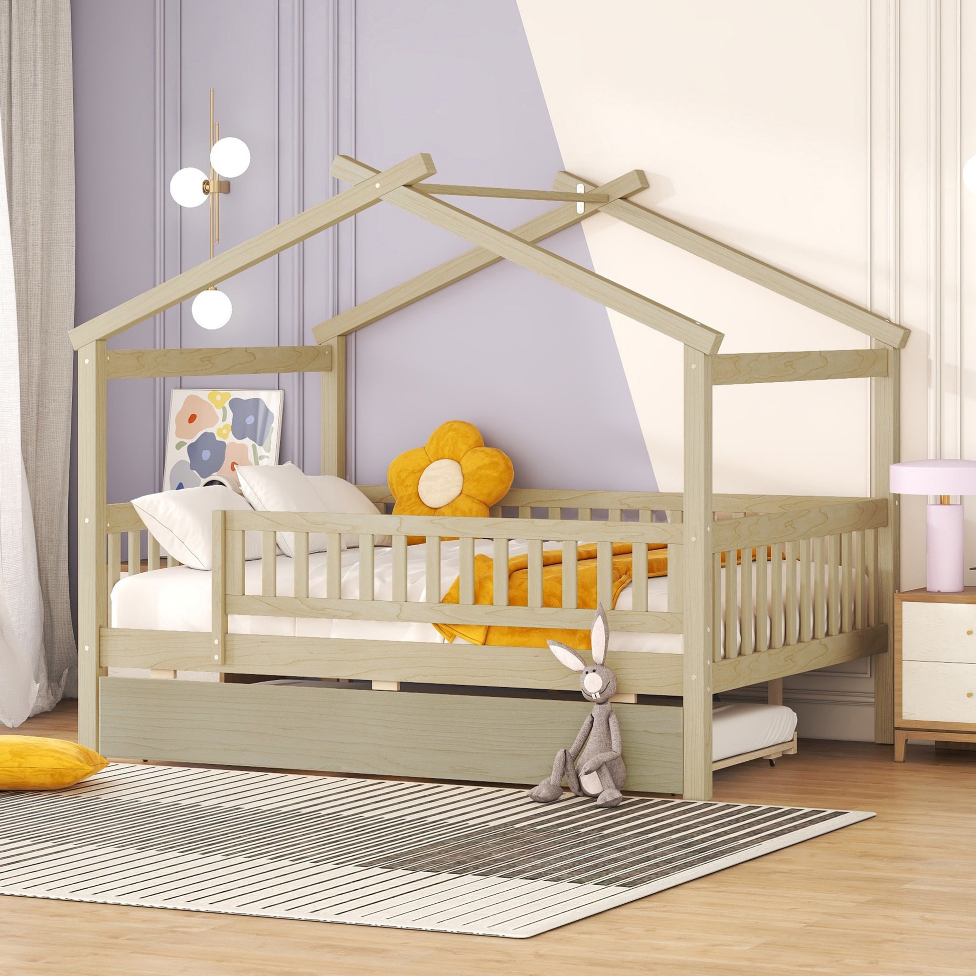 Natural wood toddler bed with house frame and pullout trundle