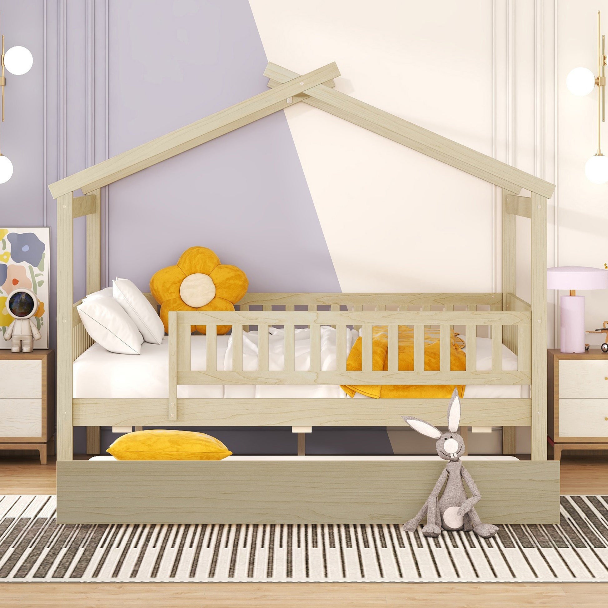 Light wood toddler bed with house frame white bedding and safety rails