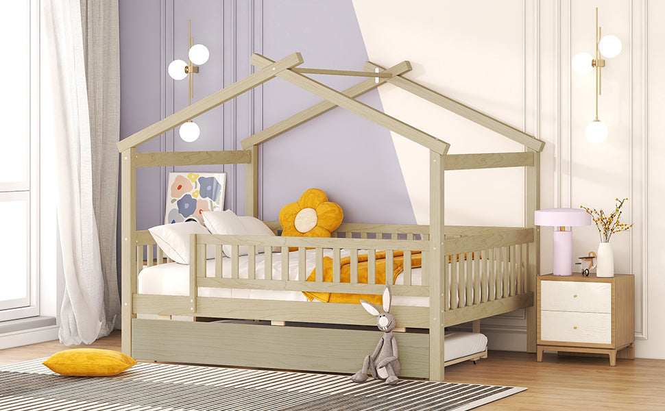 Natural wood house bed with trundle for kids