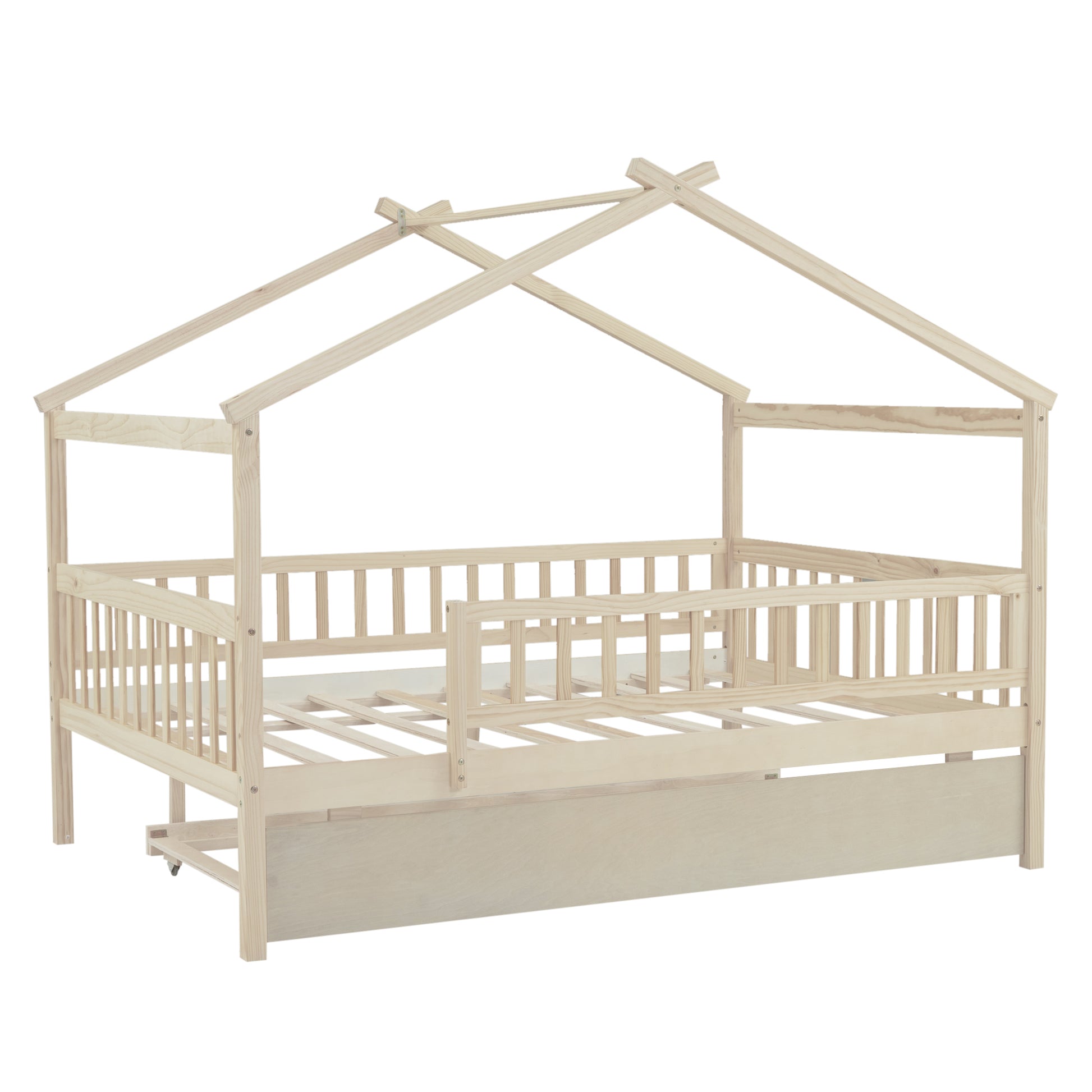 Natural wood toddler bed with house frame