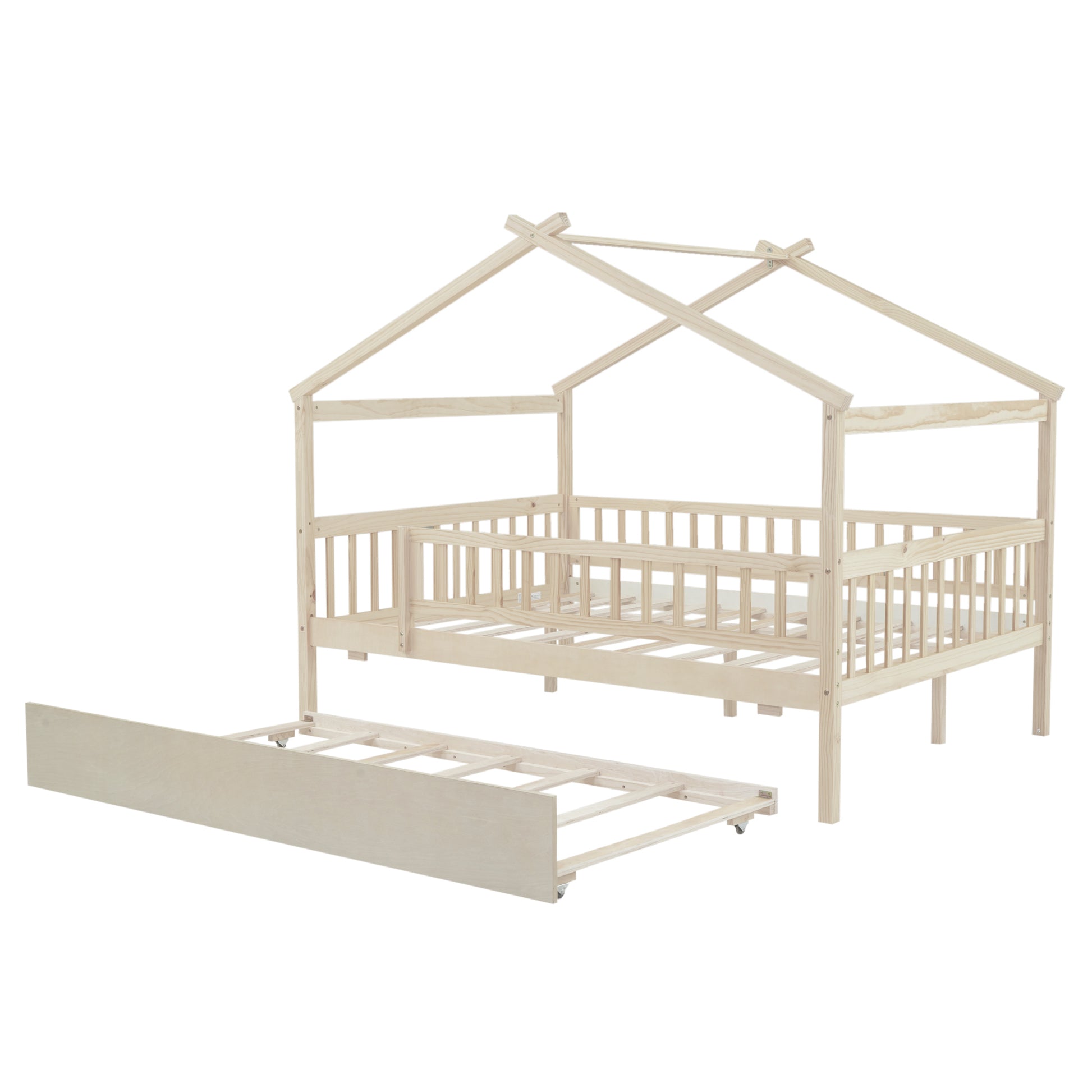 Natural wood twin house bed frame with trundle