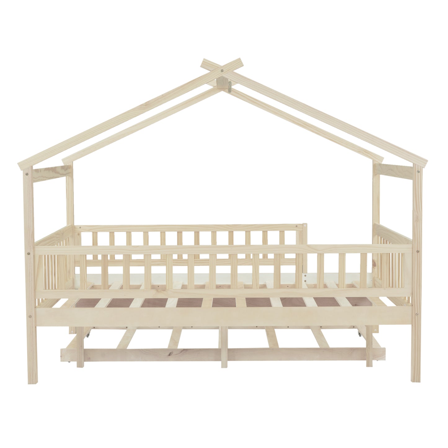 Natural wood house bed frame with safety rails