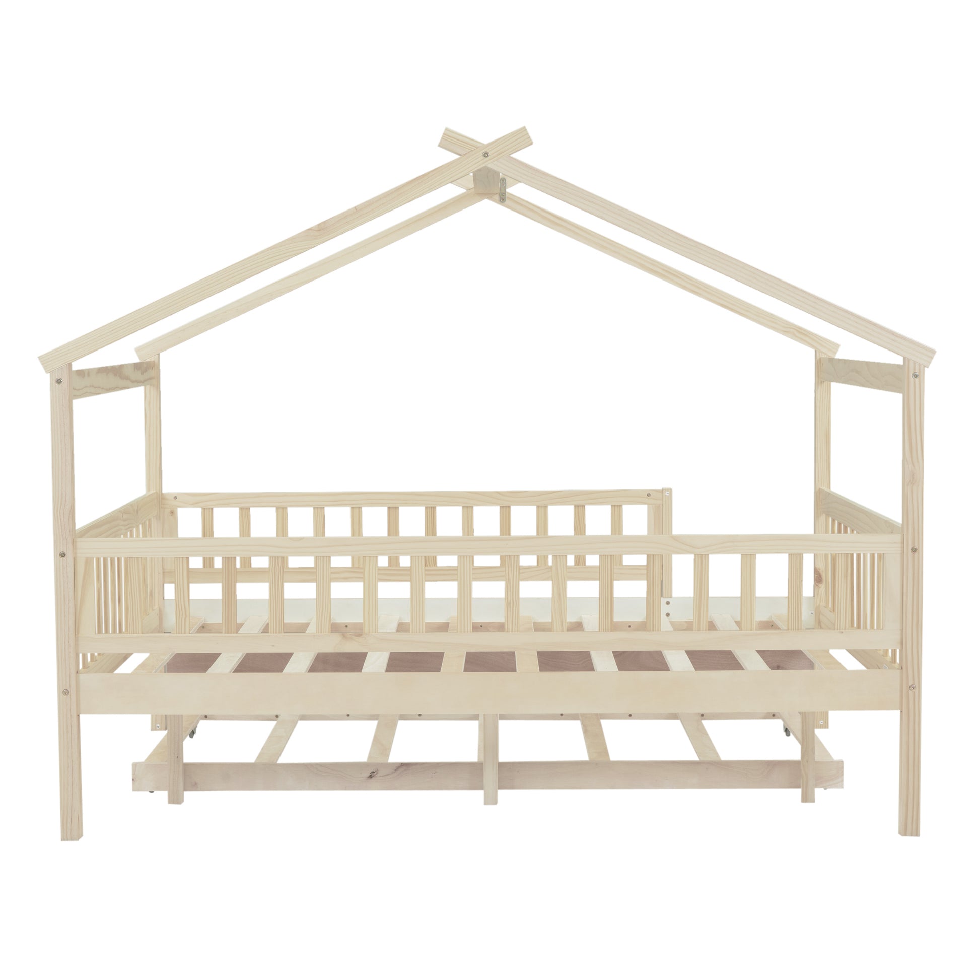 Natural wood house bed frame with safety rails