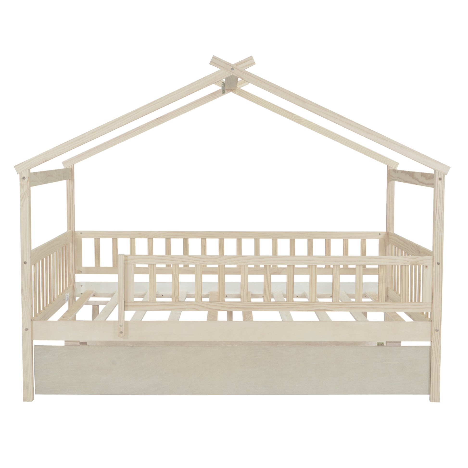 Natural pine wood house bed frame with railings for kids