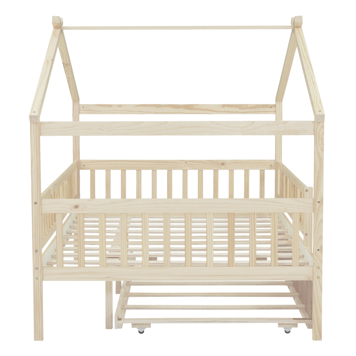 Natural pine wood house bed frame with rails for children
