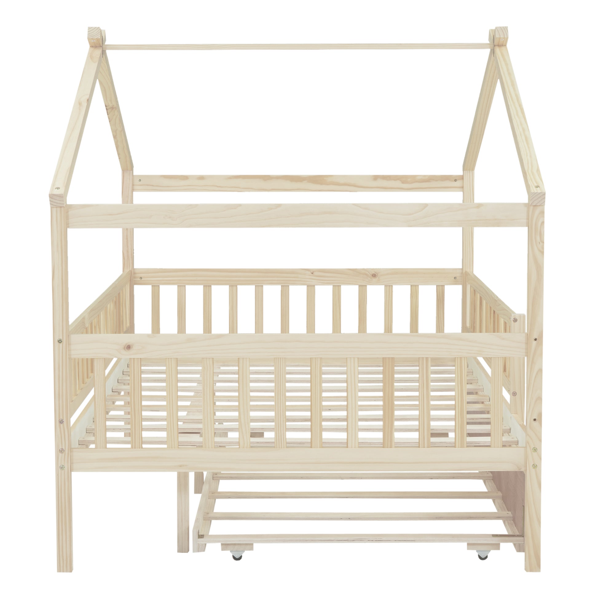 Natural pine wood house bed frame with rails for children