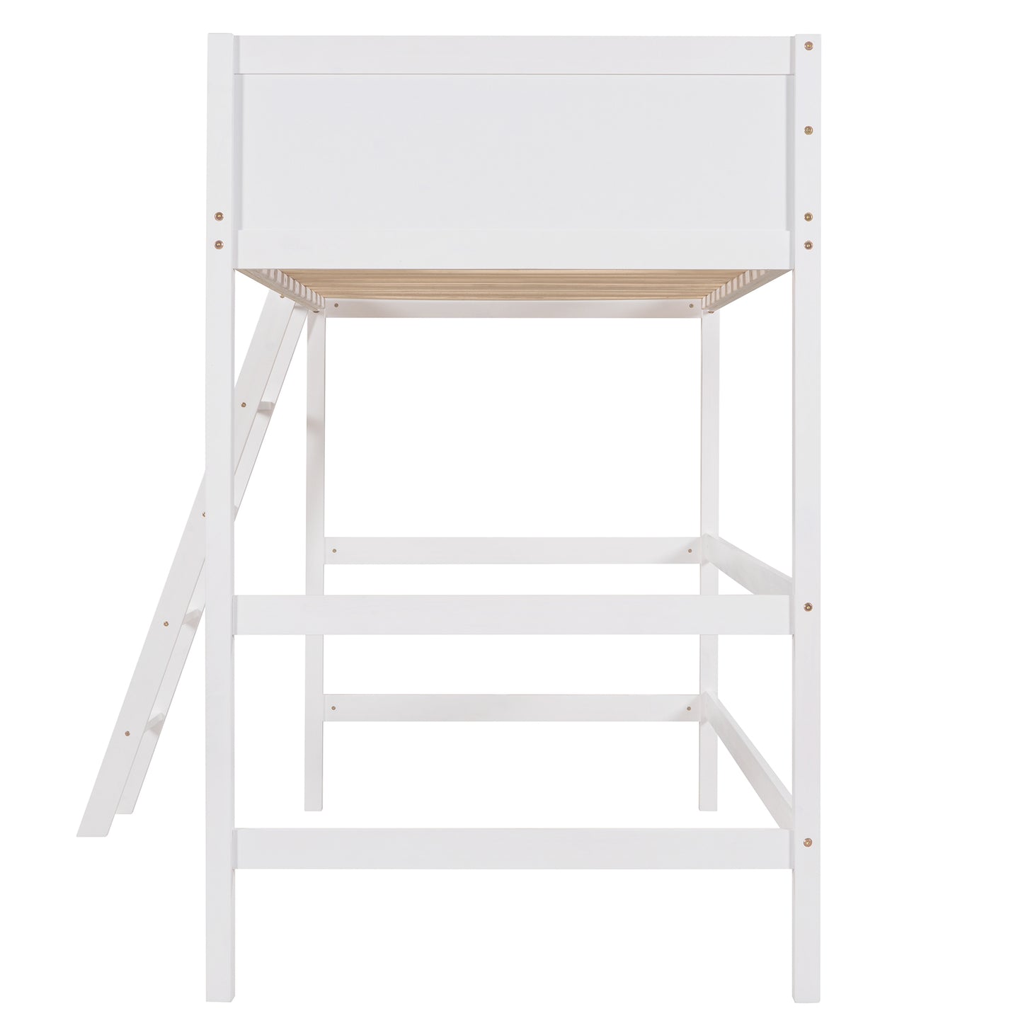 White wooden loft bed frame with angled ladder