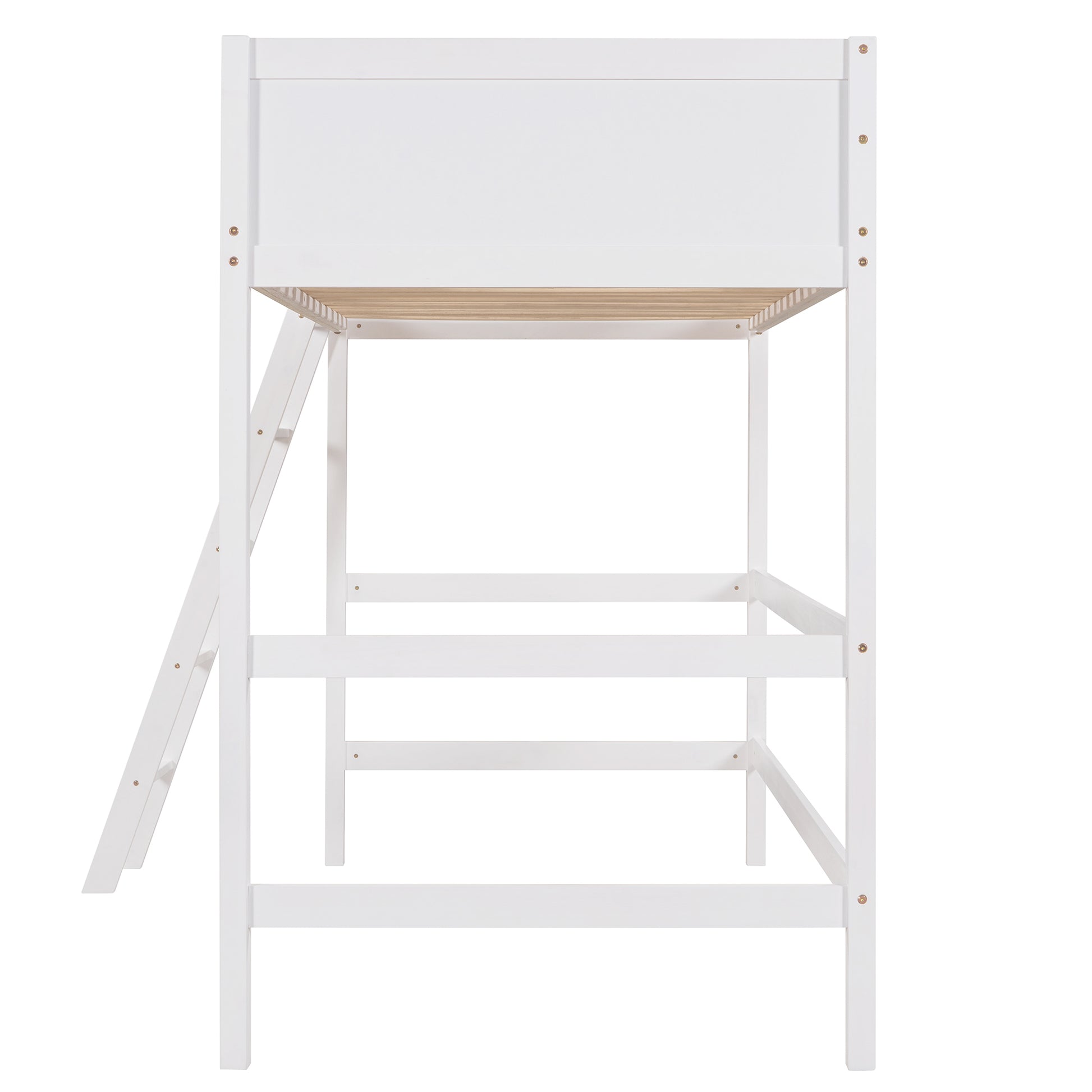 White wooden loft bed frame with angled ladder