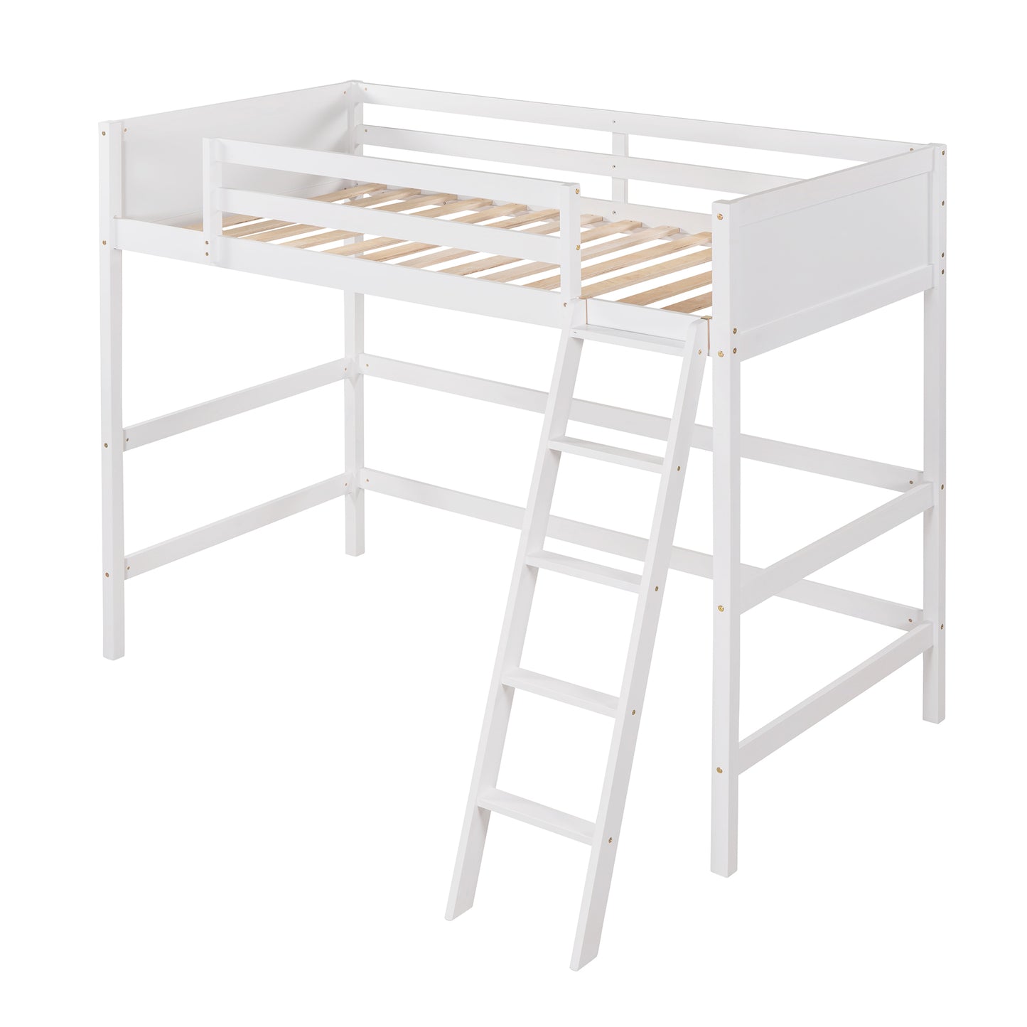 White wooden loft bed with ladder