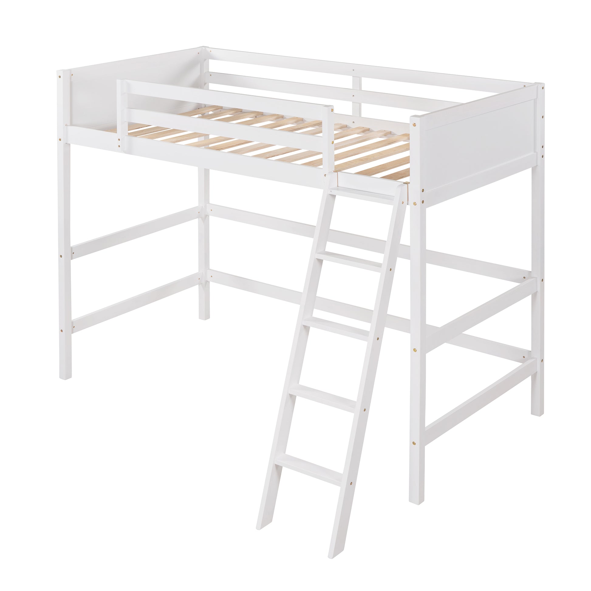 White wooden loft bed with ladder