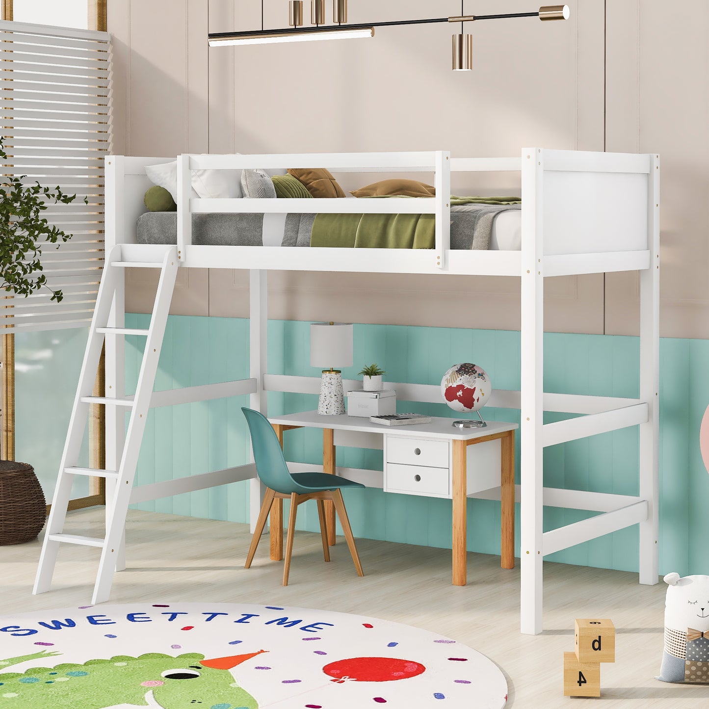 White wooden loft bed with integrated desk and ladder