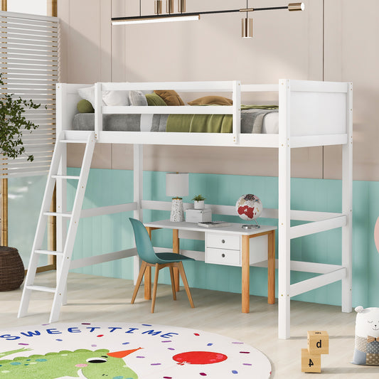 White wooden loft bed with integrated desk and ladder