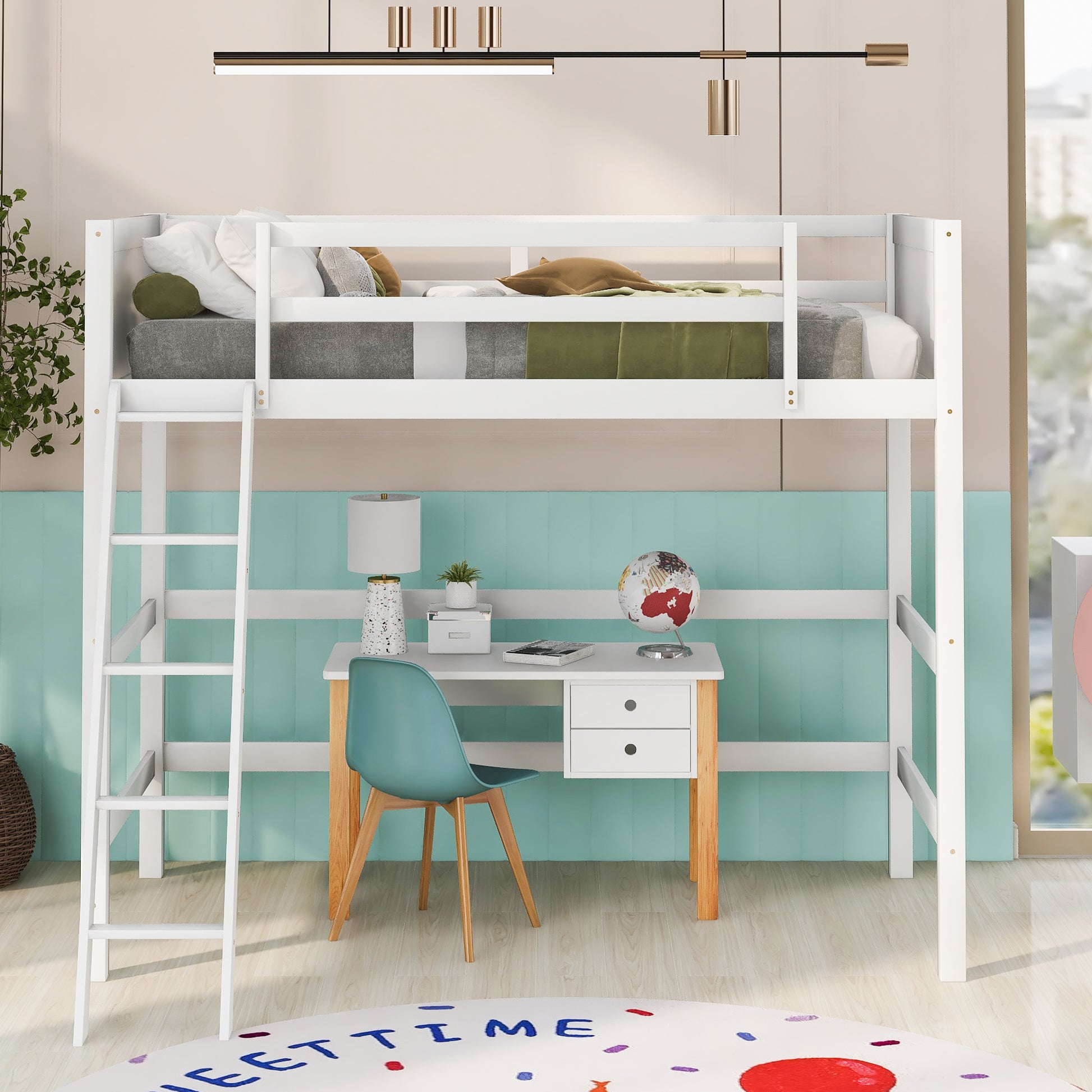 White wooden loft bed with integrated desk and ladder