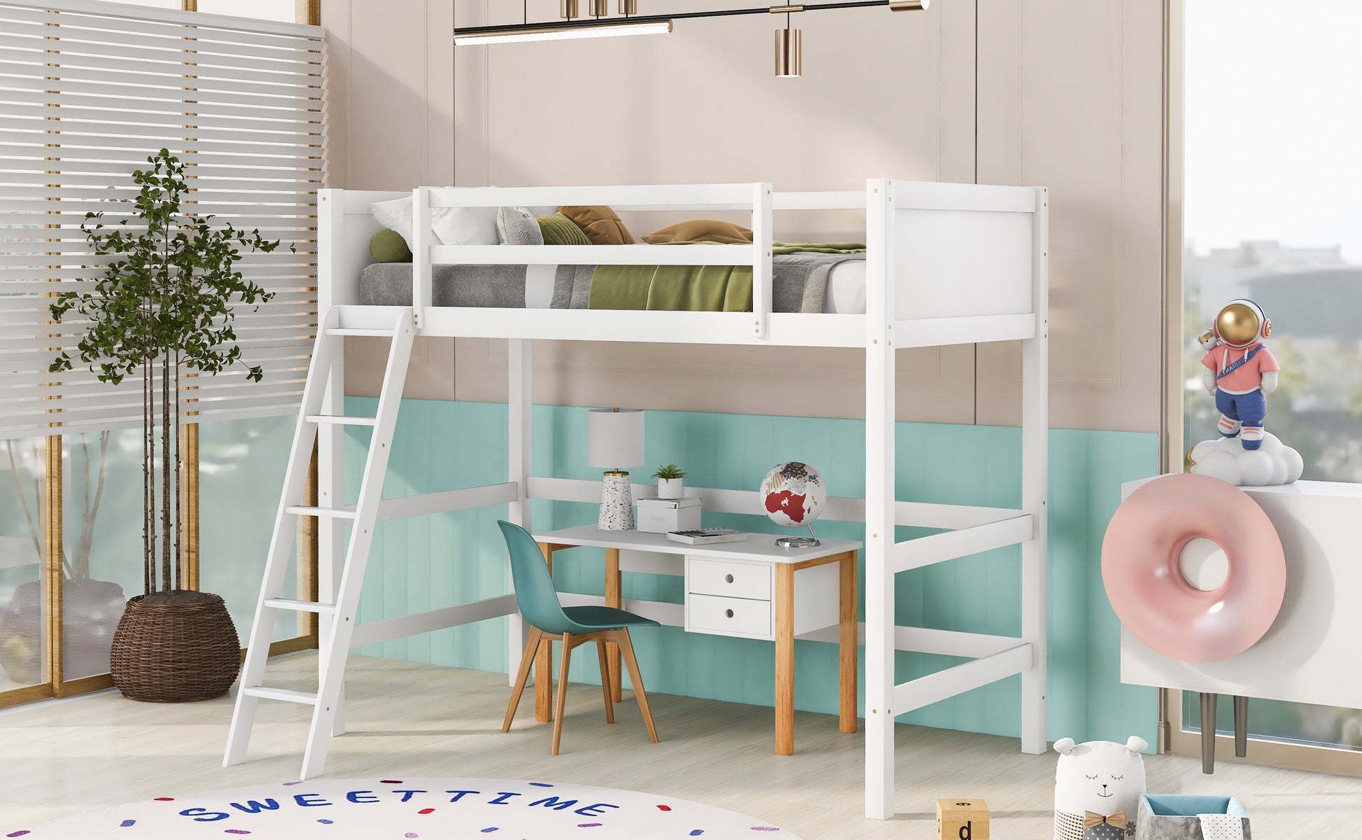 White wooden loft bed with ladder and desk