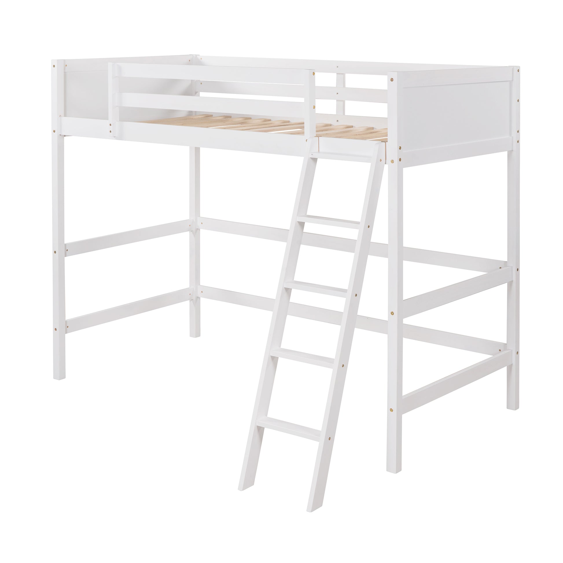 White wooden loft bed with integrated ladder and slatted base ideal for childrens rooms